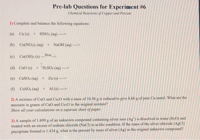 Solved Pre-lab Questions for Experiment #6 Chemical | Chegg.com