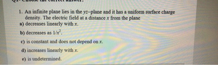 Solved 210USO O CUITUL ANSWel. 1. An infinite plane lies in | Chegg.com