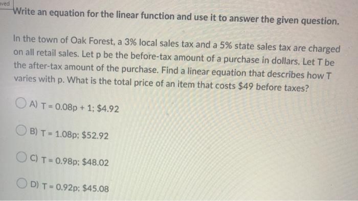 Solved ved Write an equation for the linear function and use | Chegg.com