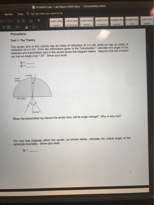Solved 10 Snell's Law Lab Report 2020 data Compatibilty