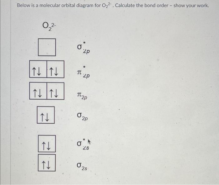 Below is a molecular orbital diagram for O22. Calculate the bond order - show your work.
0?²-
? ? I??
????
??
??
??
6.2P
P
T2