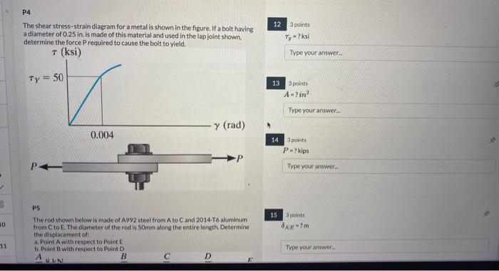 Solved 10 11 P4 The shear stress-strain diagram for a metal | Chegg.com