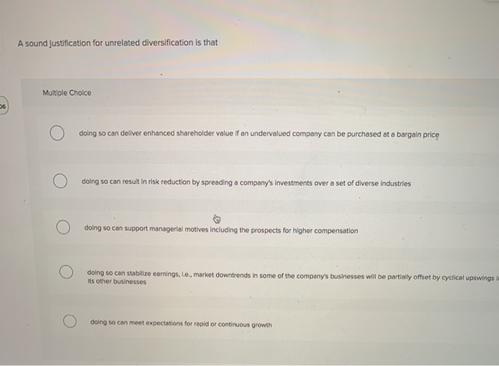 Solved A sound justification for unrelated diversification | Chegg.com