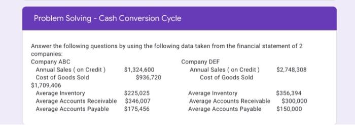 Solved Problem Solving - Cash Conversion Cycle Answer The | Chegg.com