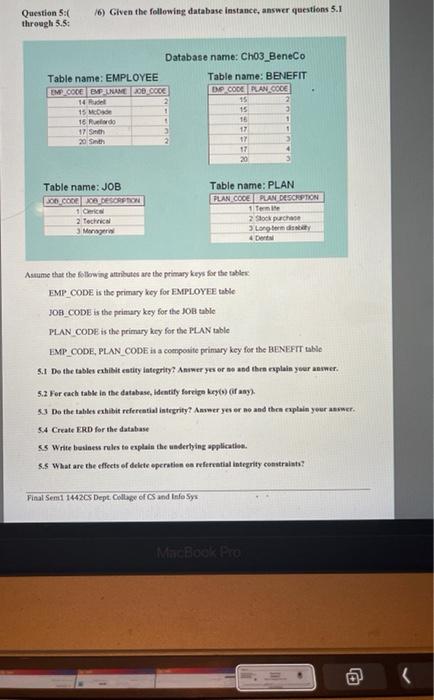 Solved 16) Given the following database instance, answer | Chegg.com