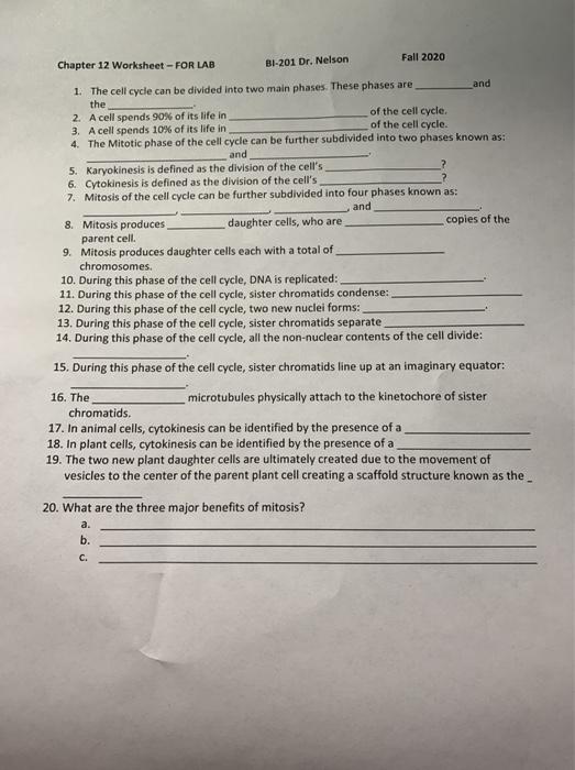 Solved Fall 2020 Chapter 12 Worksheet -FOR LAB BI-201 Dr. | Chegg.com