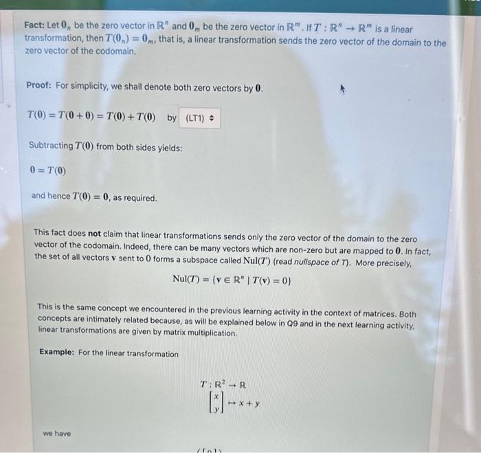 Solved Fact: Let 0n be the zero vector in Rn and 0m be the | Chegg.com