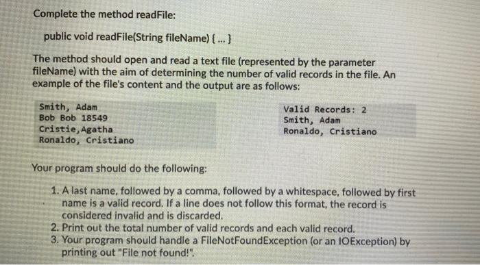 Solved Complete the method readFile: public void | Chegg.com