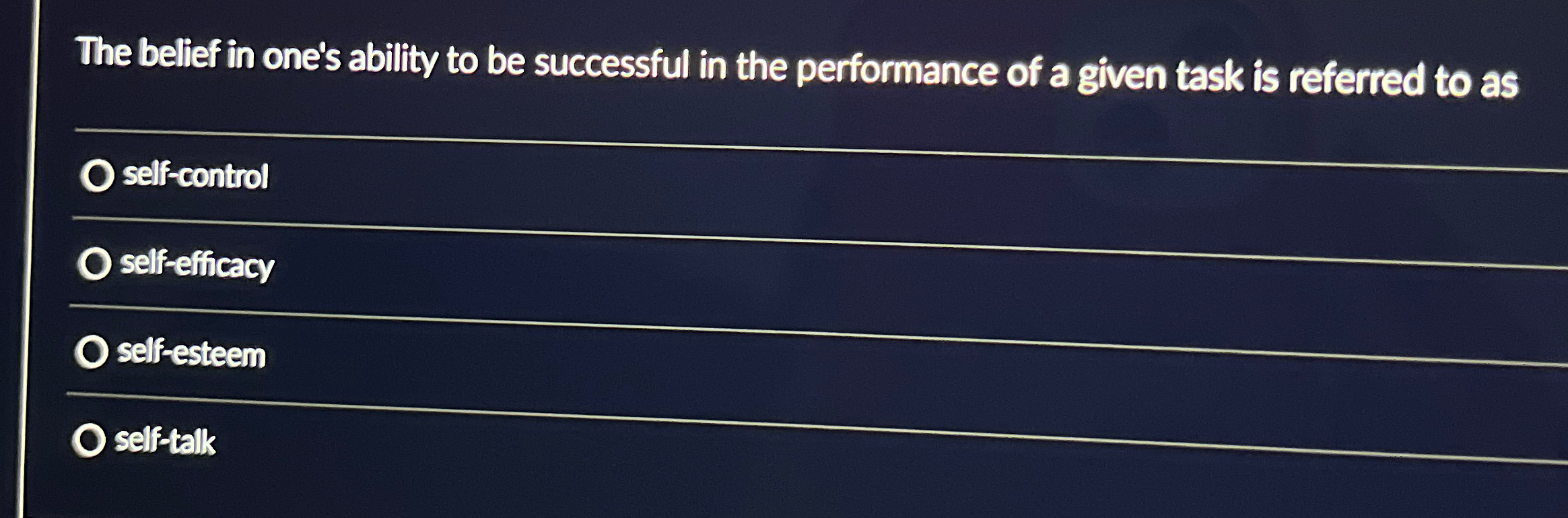 Solved The belief in one's ability to be successful in the | Chegg.com