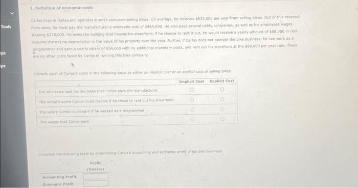 Solved Tools ips ps 1. Definition of economic costs Carlos | Chegg.com
