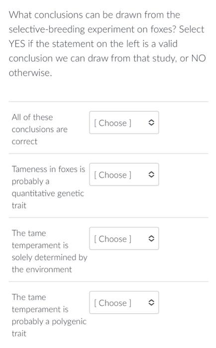 What conclusions can be drawn from the selective-breeding experiment on foxes? Select YES if the statement on the left is a v