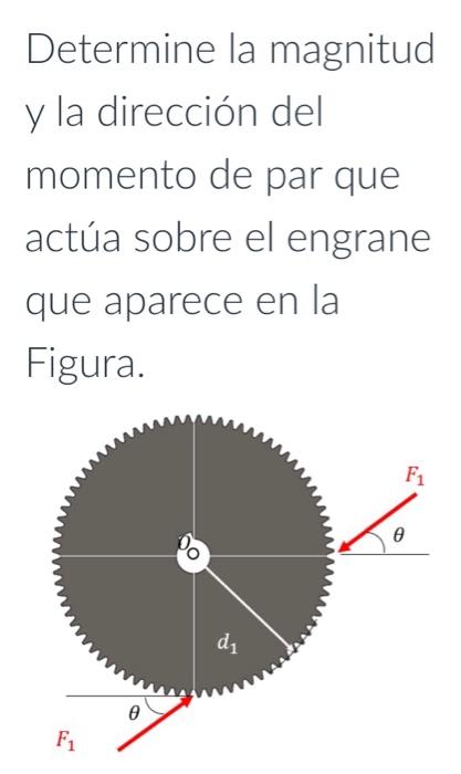 Determine la magnitud y la dirección del momento de par que actúa sobre el engrane que aparece en la Figura.