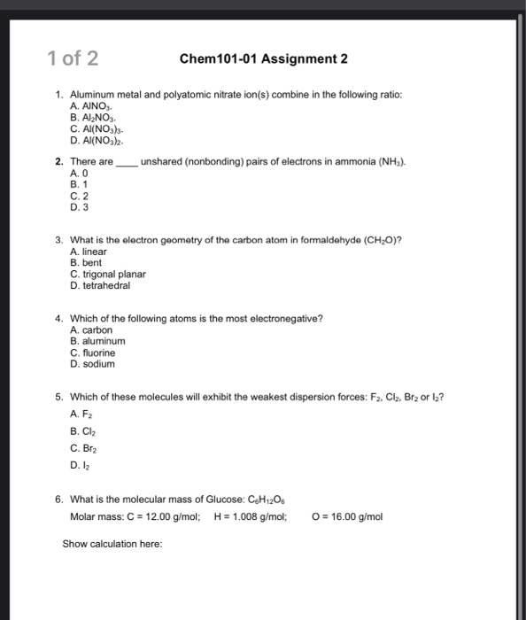 Solved 1 of 2 Chem 101-01 Assignment 2 1. Aluminum metal and | Chegg.com