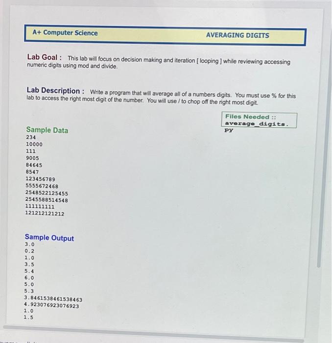 Solved A+ Computer Science AVERAGING DIGITS Lab Goal : This | Chegg.com