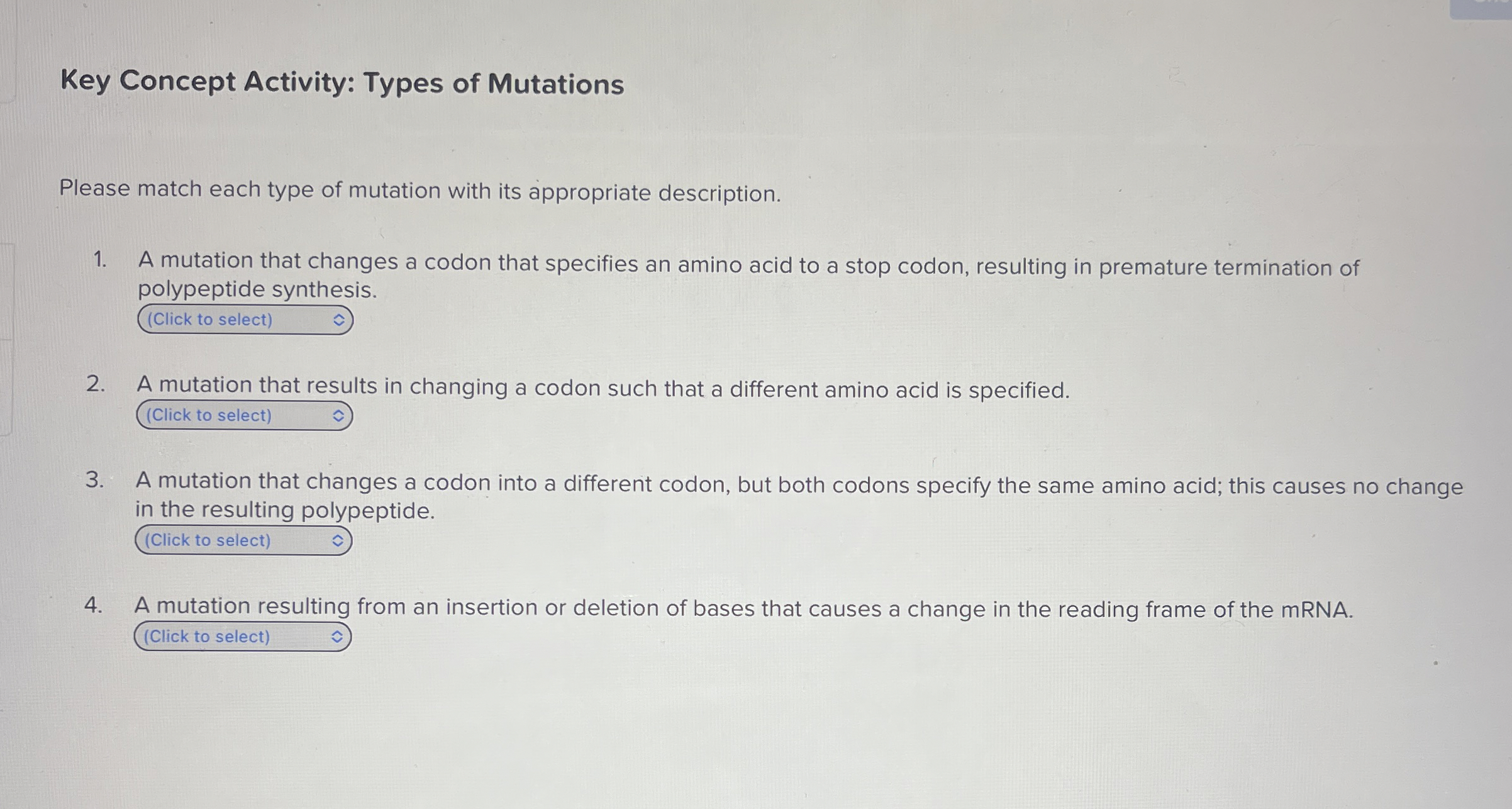 Solved Key Concept Activity Types of MutationsPlease match