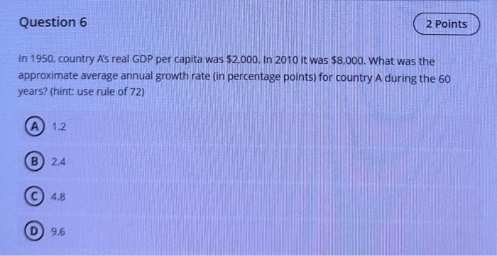 Solved In 1950 , country A's real GDP per capita was $2,000. | Chegg.com