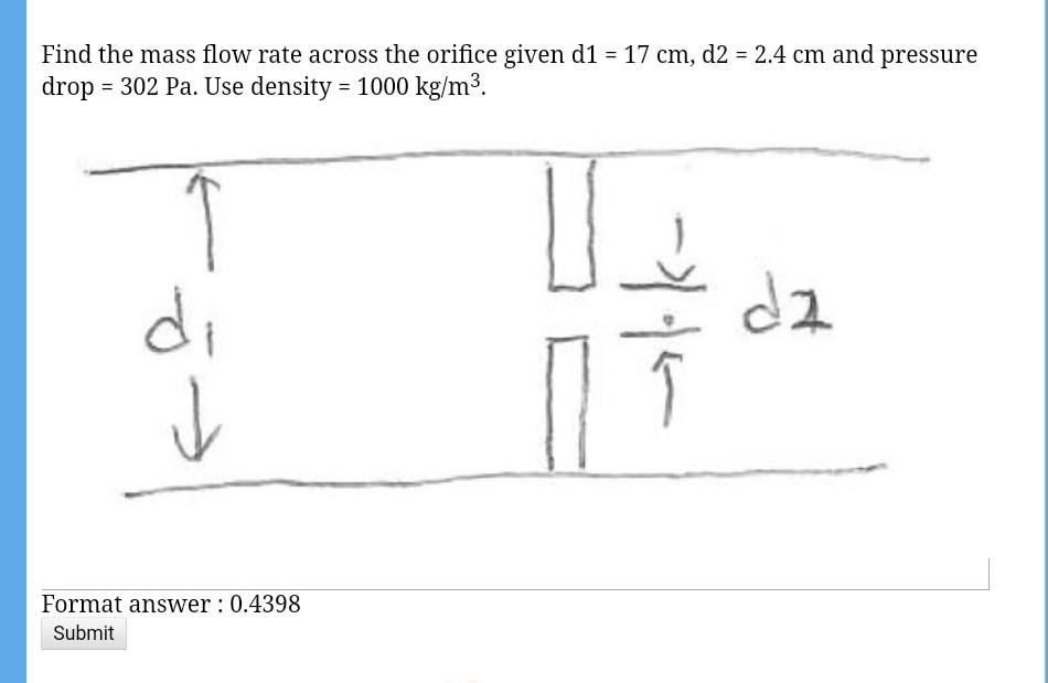 Solved Find the mass flow rate across the orifice given d1 = | Chegg.com