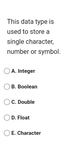 This data type is used to store a single character, number or symbol. A. Integer B. Boolean C. Double D. Float E. Character