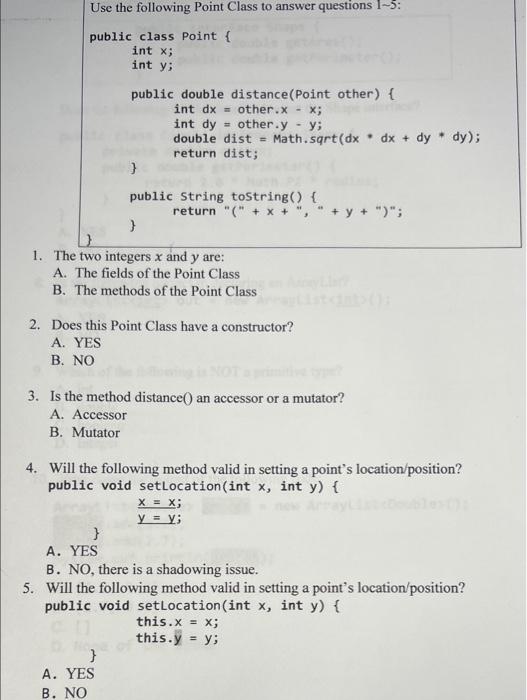 Solved Use the following Point Class to answer questions | Chegg.com