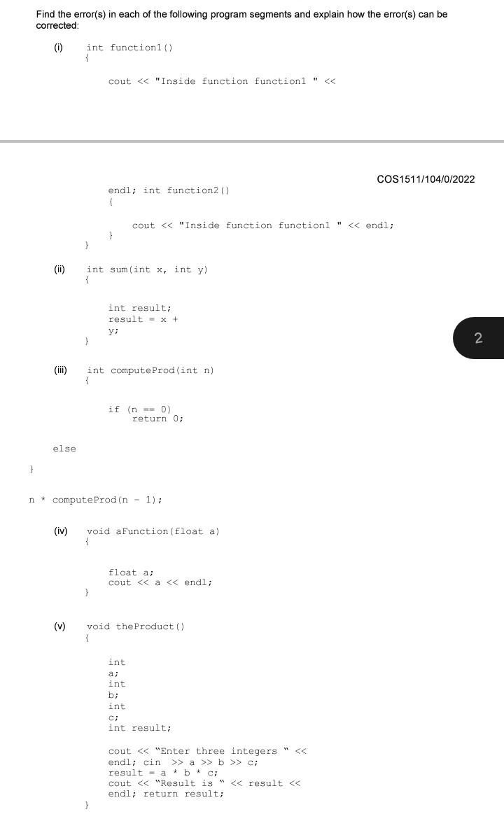 Solved Find the error(s) in each of the following program | Chegg.com
