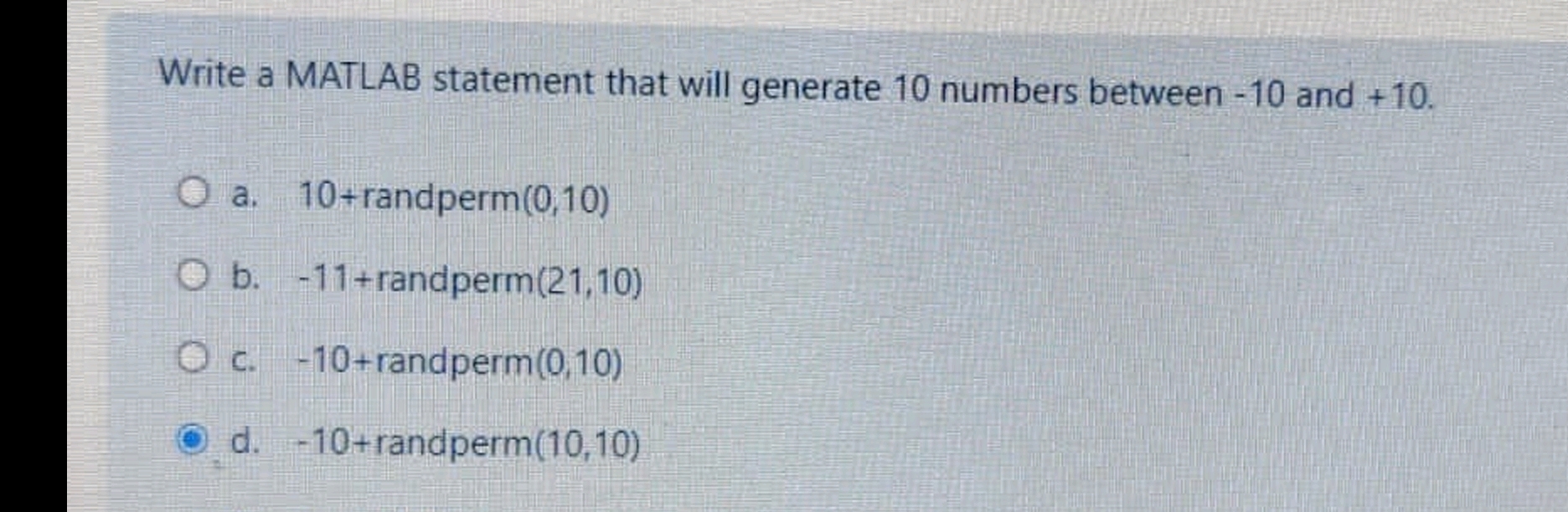 Solved Write a MATLAB statement that will generate 10 | Chegg.com