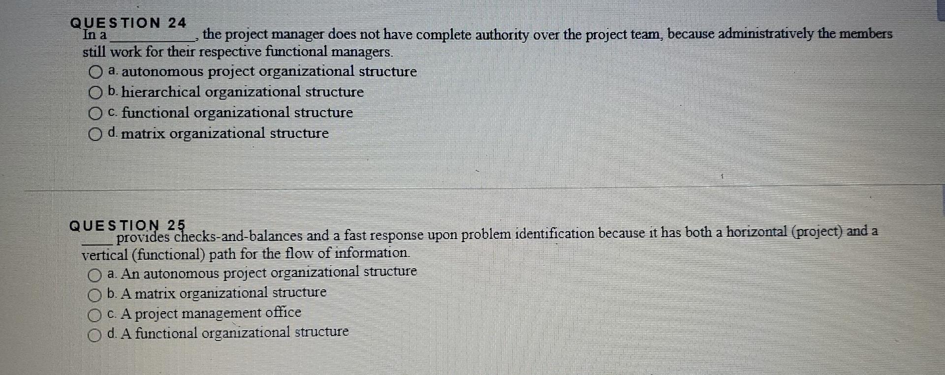 Solved In a QUESTION 24 the project manager does not have | Chegg.com
