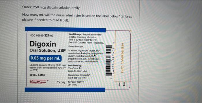 Solved Order: 250 mcg digoxin solution orally How many mL | Chegg.com