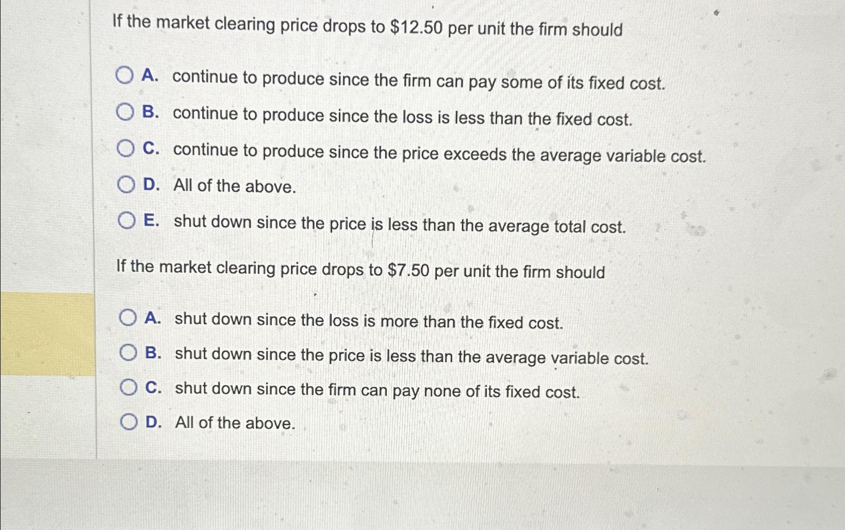 Solved If the market clearing price drops to $12.50 ﻿per | Chegg.com