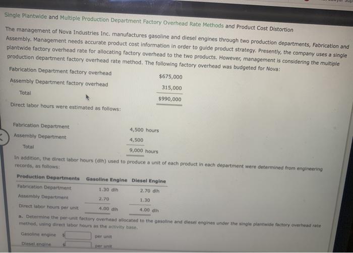 Solved Single Plantwide and Multiple Production Department