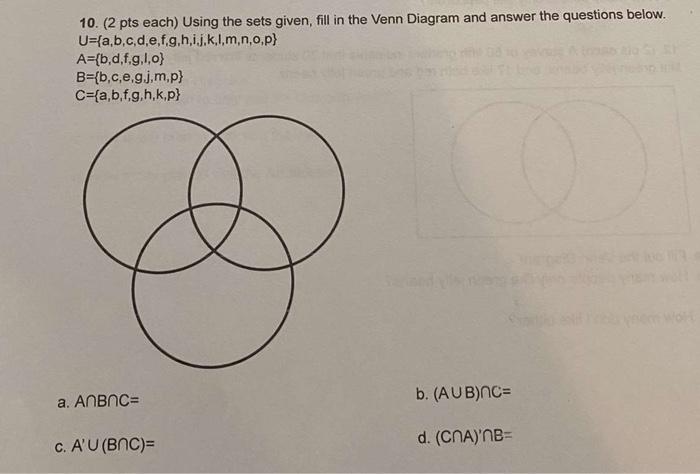 Solved 10. (2 Pts Each) Using The Sets Given, Fill In The | Chegg.com