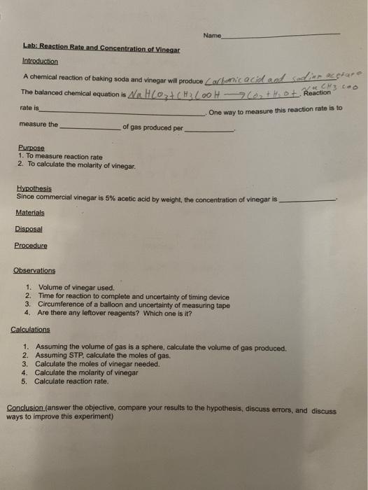 Name Lab Reaction Rate And Concentration Of Vinegar Chegg Com