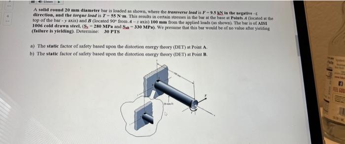 Solved A solid round 20 mm diameter bar is loaded as shown, | Chegg.com