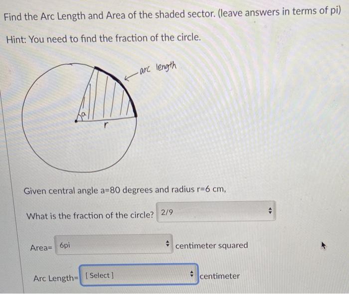 find the arc length of the shaded sector