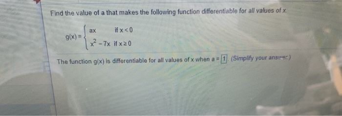 Solved Find the value of a that makes the following function | Chegg.com