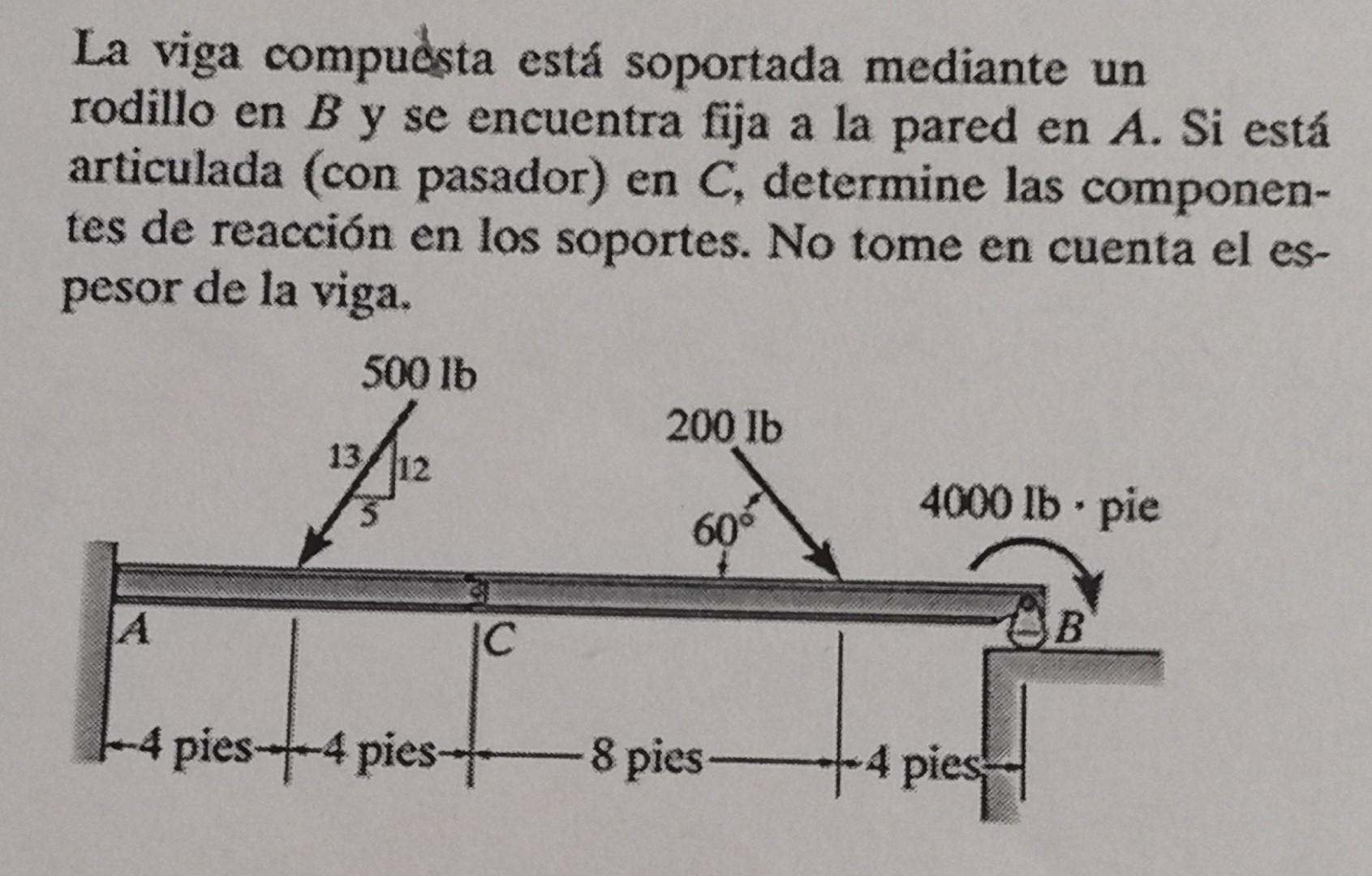 La viga compuésta está soportada mediante un rodillo en \( B \) y se encuentra fija a la pared en \( A \). Si está articulada