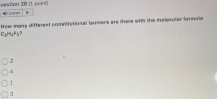 How many different constitutional isomers are there with the molecular formula \( \mathrm{C}_{2} \mathrm{H}_{3} \mathrm{~F}_{