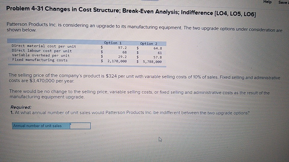 Solved Help Save Problem 4-31 Changes in Cost Structure; | Chegg.com