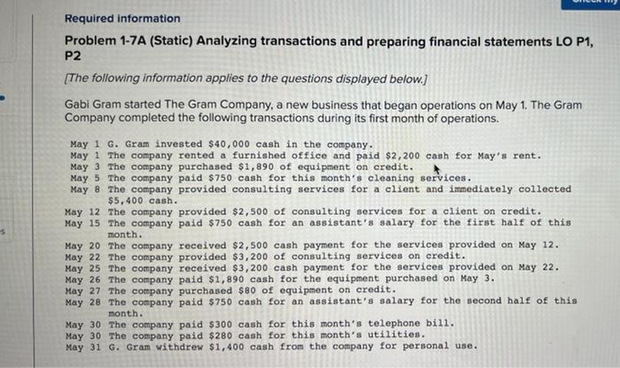 Solved Required information Problem 1-7A (Static) Analyzing | Chegg.com