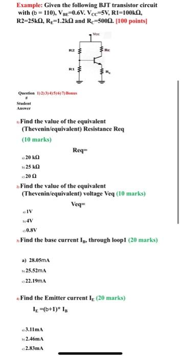 Solved Example: Given the following BJT transistor circuit | Chegg.com