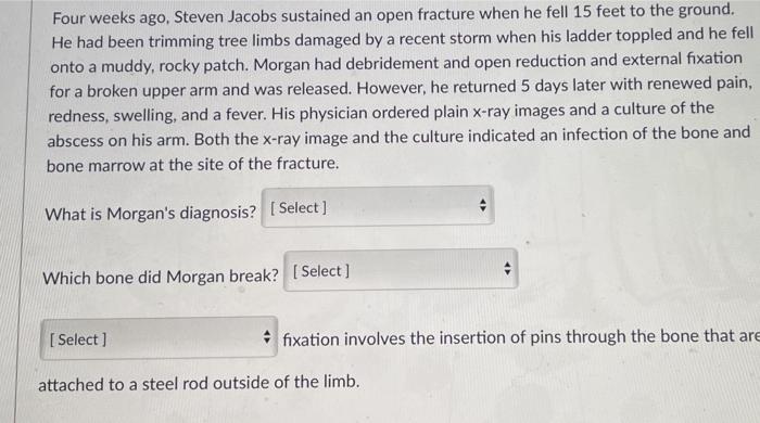 Four weeks ago, Steven Jacobs sustained an open fracture when he fell 15 feet to the ground. He had been trimming tree limbs