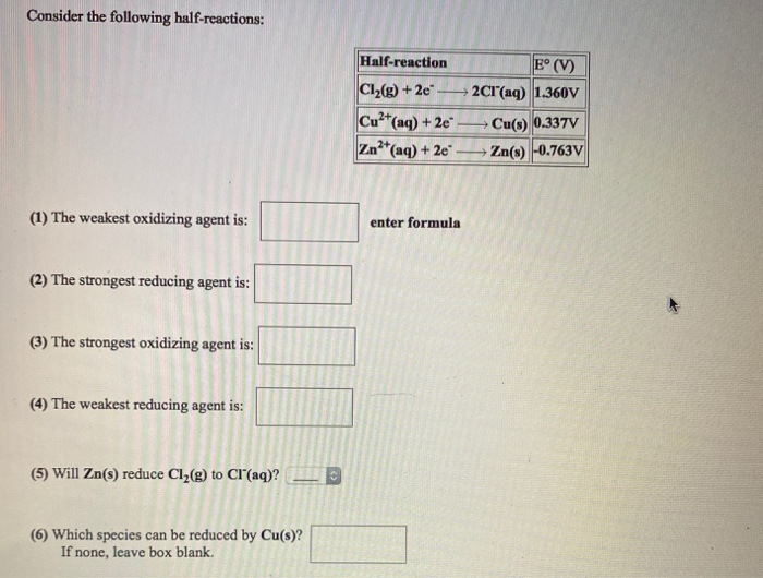 Solved Consider The Following Half-reactions: Half-reaction | Chegg.com