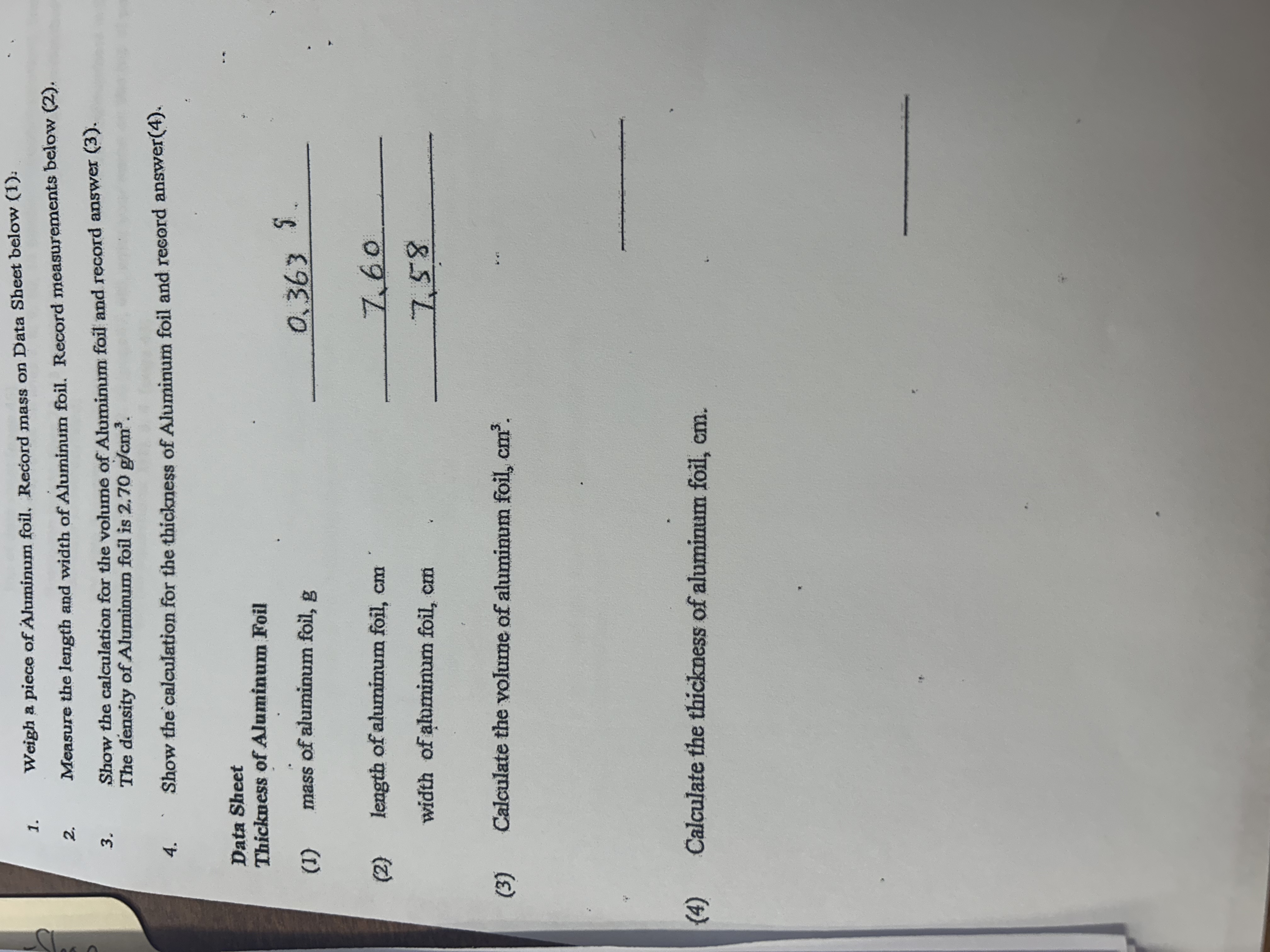 Solved Weigh a piece of Aluminum foil. Record mass on Data