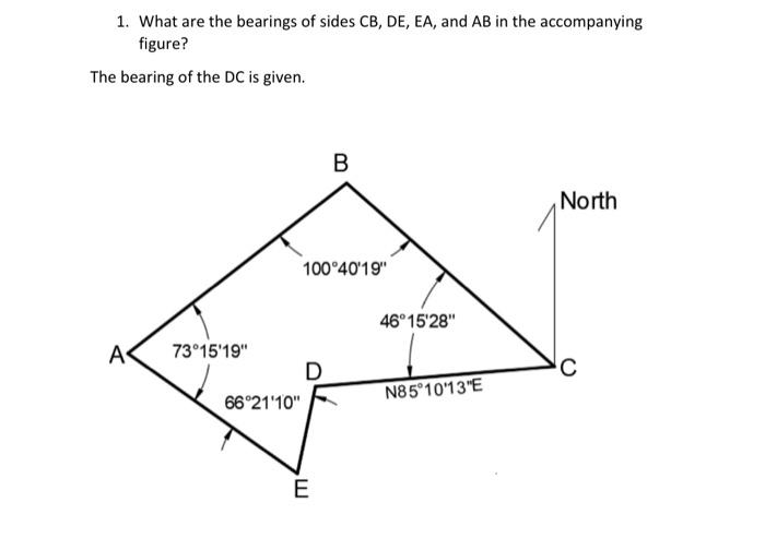 Solved 1. What are the bearings of sides CB,DE,EA, and AB in | Chegg.com