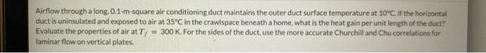 Solved Airflow through a long, 0.1-m-square air conditioning | Chegg.com