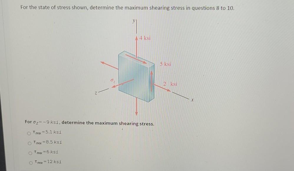 Solved For the state of stress shown, determine the maximum | Chegg.com