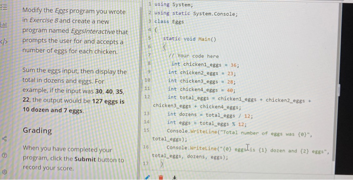 Solved Modify the Eggs program you wrote in Exercise 8 and | Chegg.com