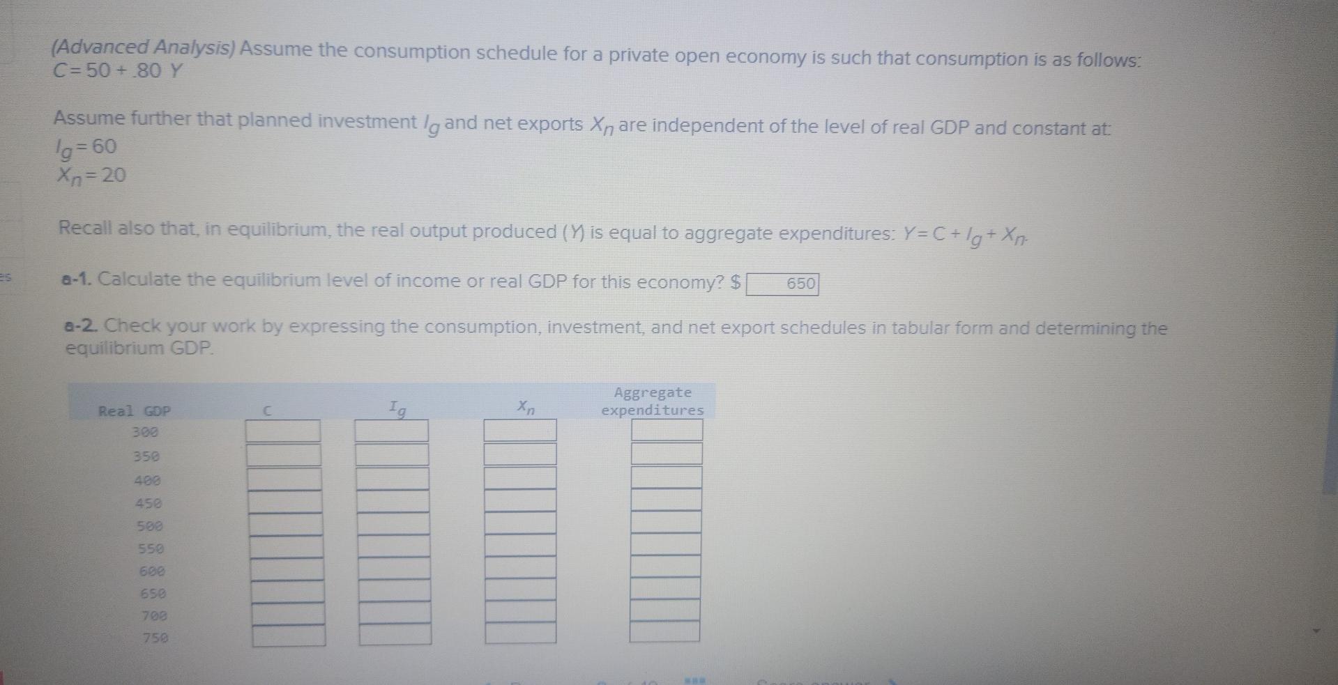 Solved (Advanced Analysis) Assume the consumption schedule | Chegg.com