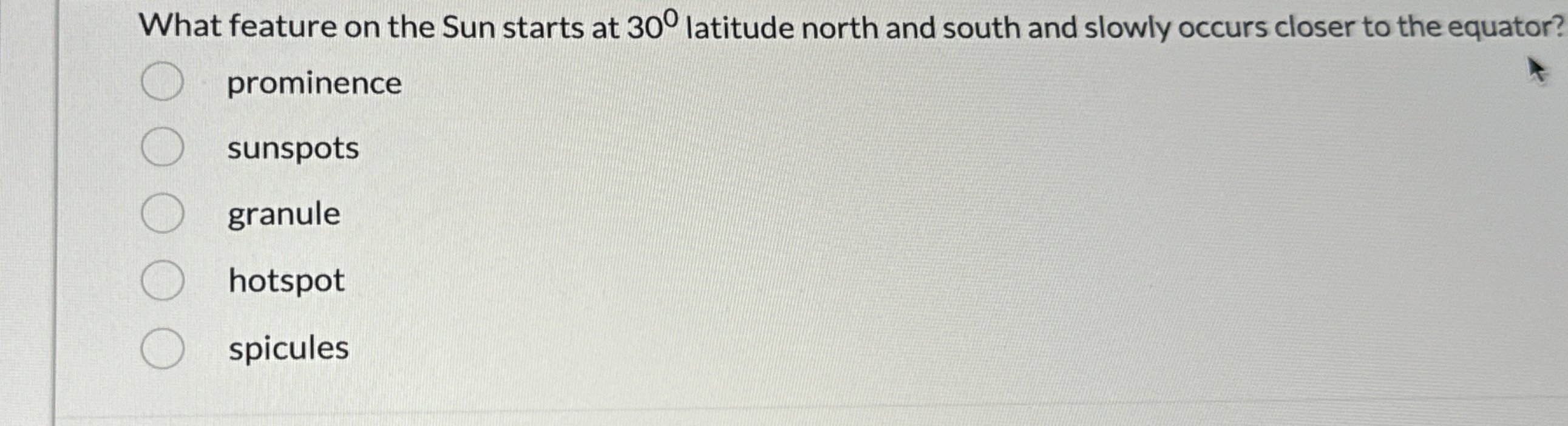 Solved What feature on the Sun starts at 30° ﻿latitude north | Chegg.com