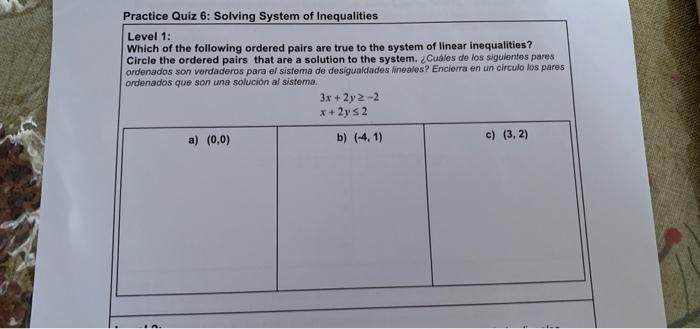 Level 1: Which of the following ordered pairs are true to the system of linear inequalities? Circle the ordered pairs that ar