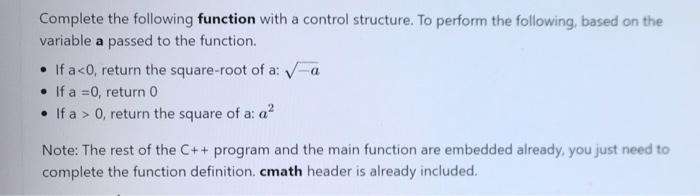 Solved Complete the following function with a control | Chegg.com